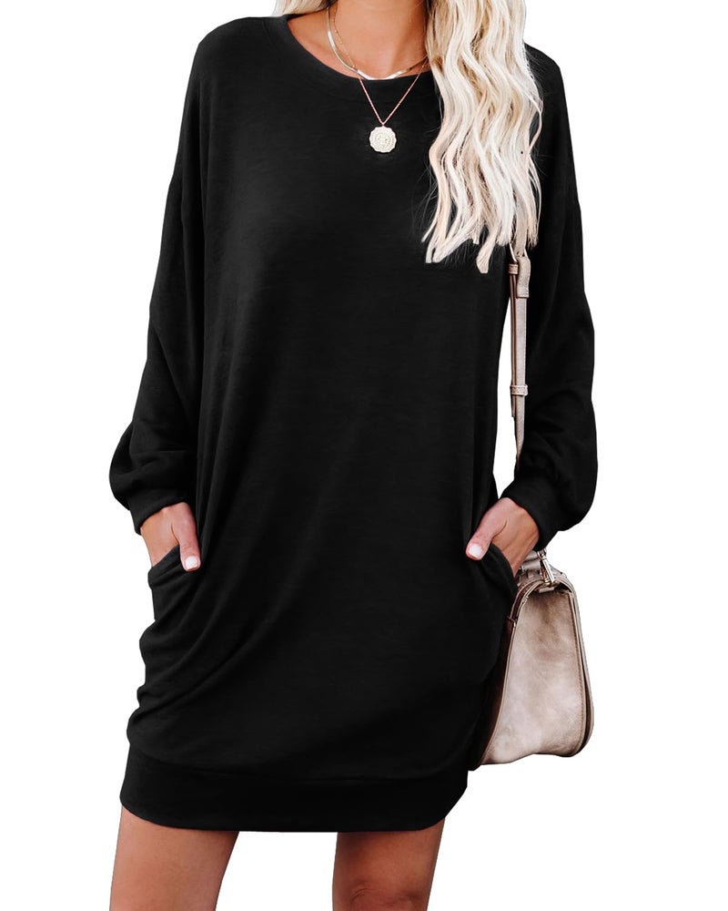 PrinStory Women's Casual Sweater Dresses Fall Winter Crewneck Loose Fit Basic Pullover Tunic Dress with Side Pockets for Work & Weekend Black L - Image 1